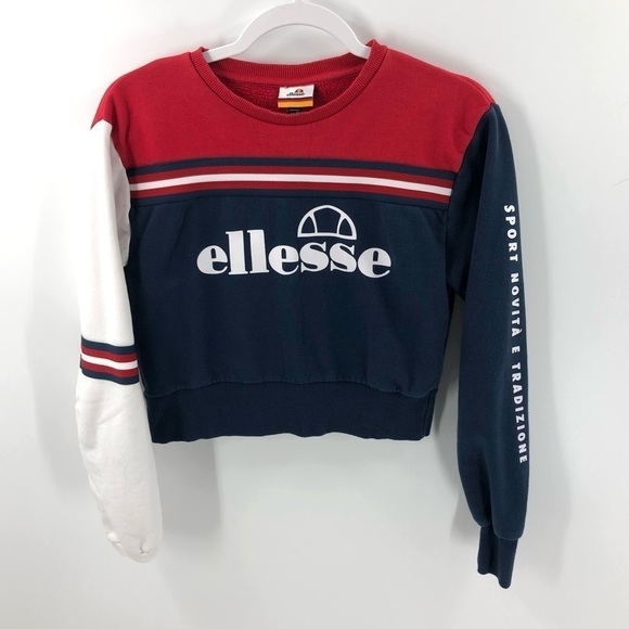 Ellesse Cropped Sweatshirt Fulmire Pullover Top Long Sleeve Red Blue Size Small - Picture 3 of 12